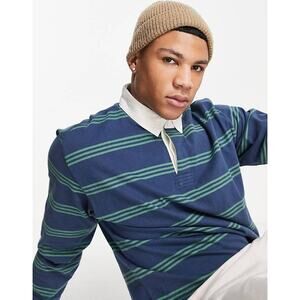 Abercrombie & Fitch Men's Stripe Rugby Polo Shirt Oversized Blue/Green Size L